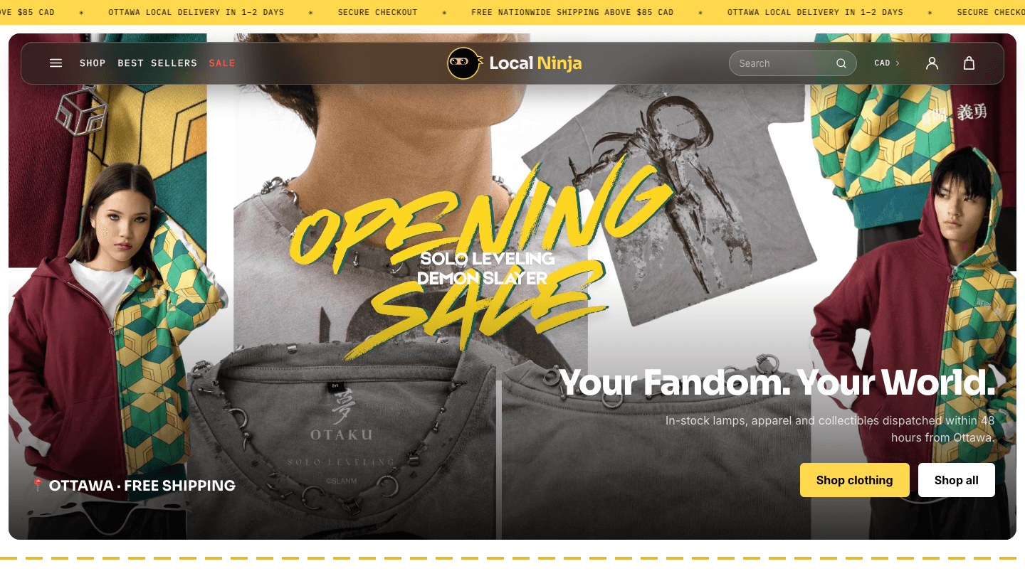LocalNinja anime ecommerce storefront featuring merchandise collections