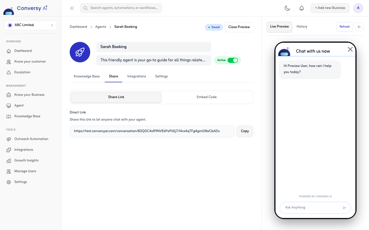 ConversyAI agent management workspace